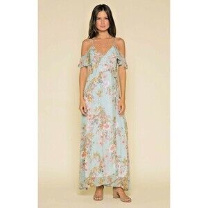 Raga Morning Bloom Floral Long Wrap Dress‎ Large Multicolor Cold Shoulder Lined